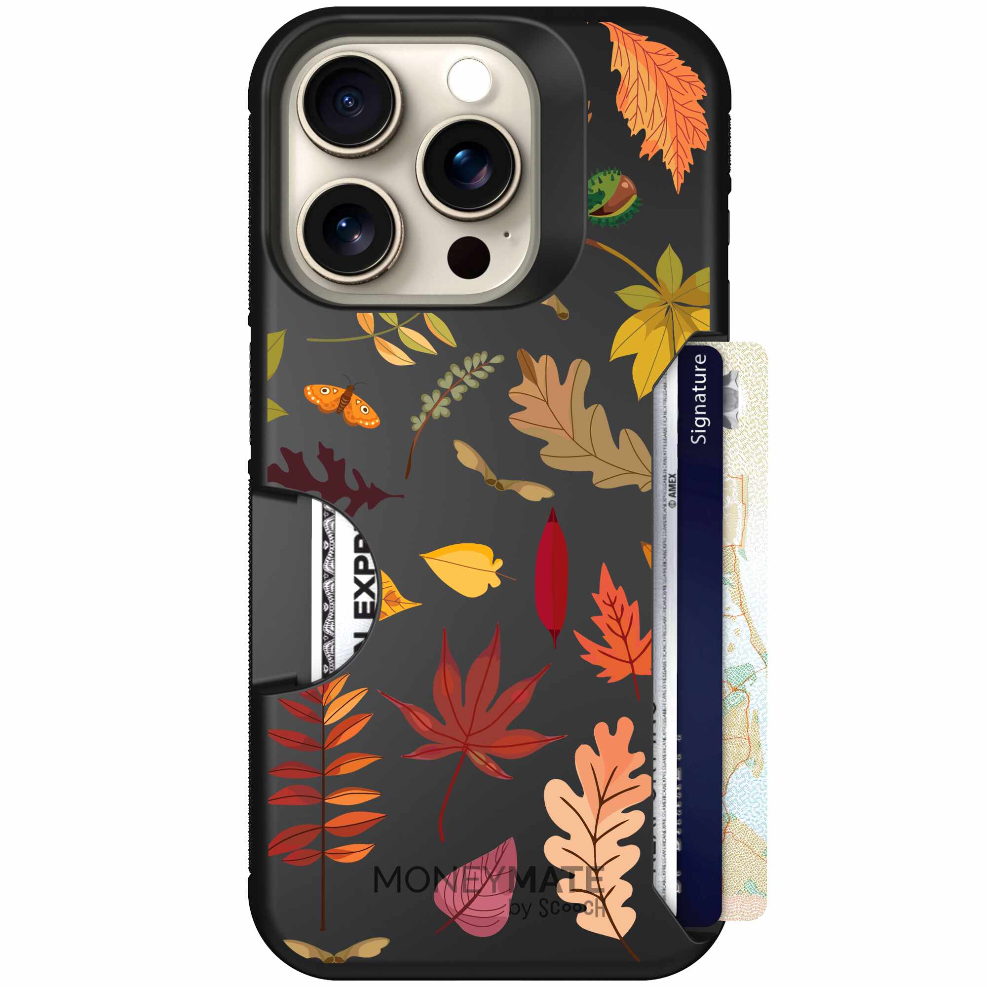 Autumn Leaves multicolored fall foliage pattern on a charcoal Scooch Moneymate case for iPhone 15 Pro