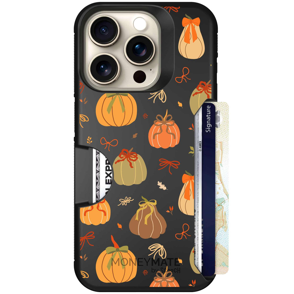 Pretty Pumpkins orange pumpkin and bow pattern on a Scooch Moneymate case for iPhone 15 Pro
