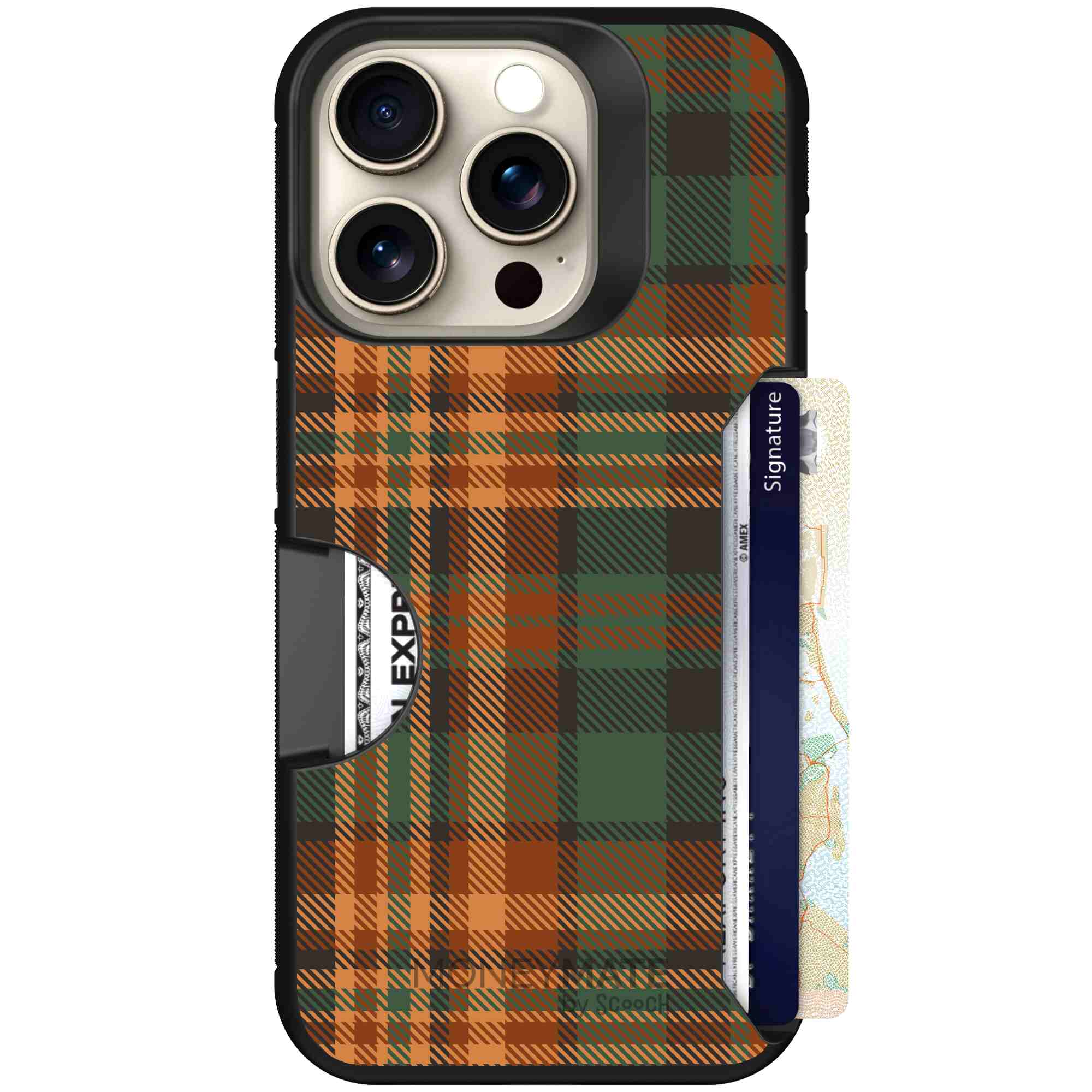 Fall Flannel orange and brown plaid pattern on a Scooch Moneymate case for iPhone 15 Pro