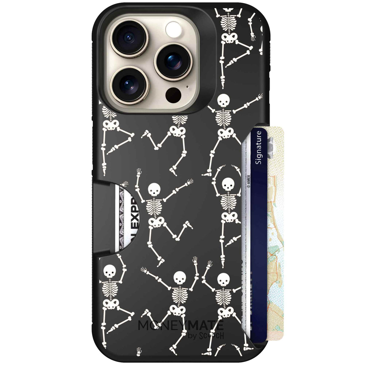 Swinging Skeletons white dancing skeleton pattern on a black Scooch Moneymate case for iPhone 15 Pro