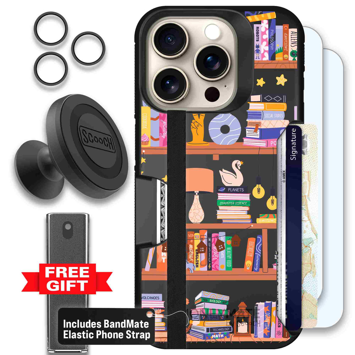 Little Library colorful book and bookshelf pattern on a Scooch Moneymate case for iPhone 15 Pro - Defender Bundle