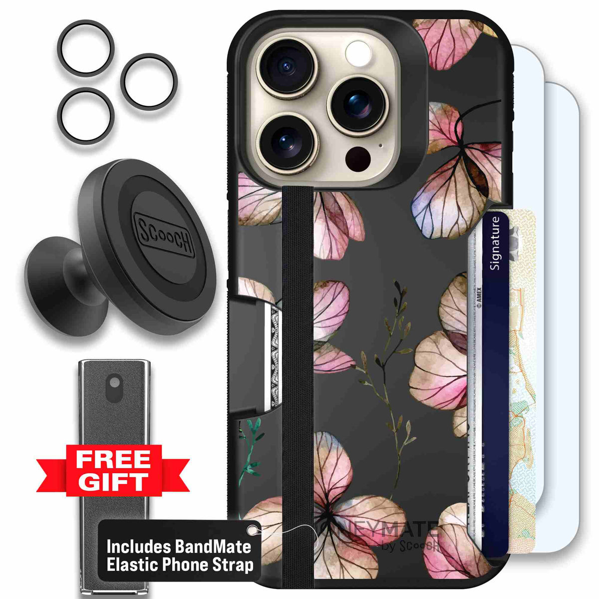 Dried Flowers blush mauve and cream floral pattern on a black Scooch Moneymate case for iPhone 15 Pro - Defender Bundle