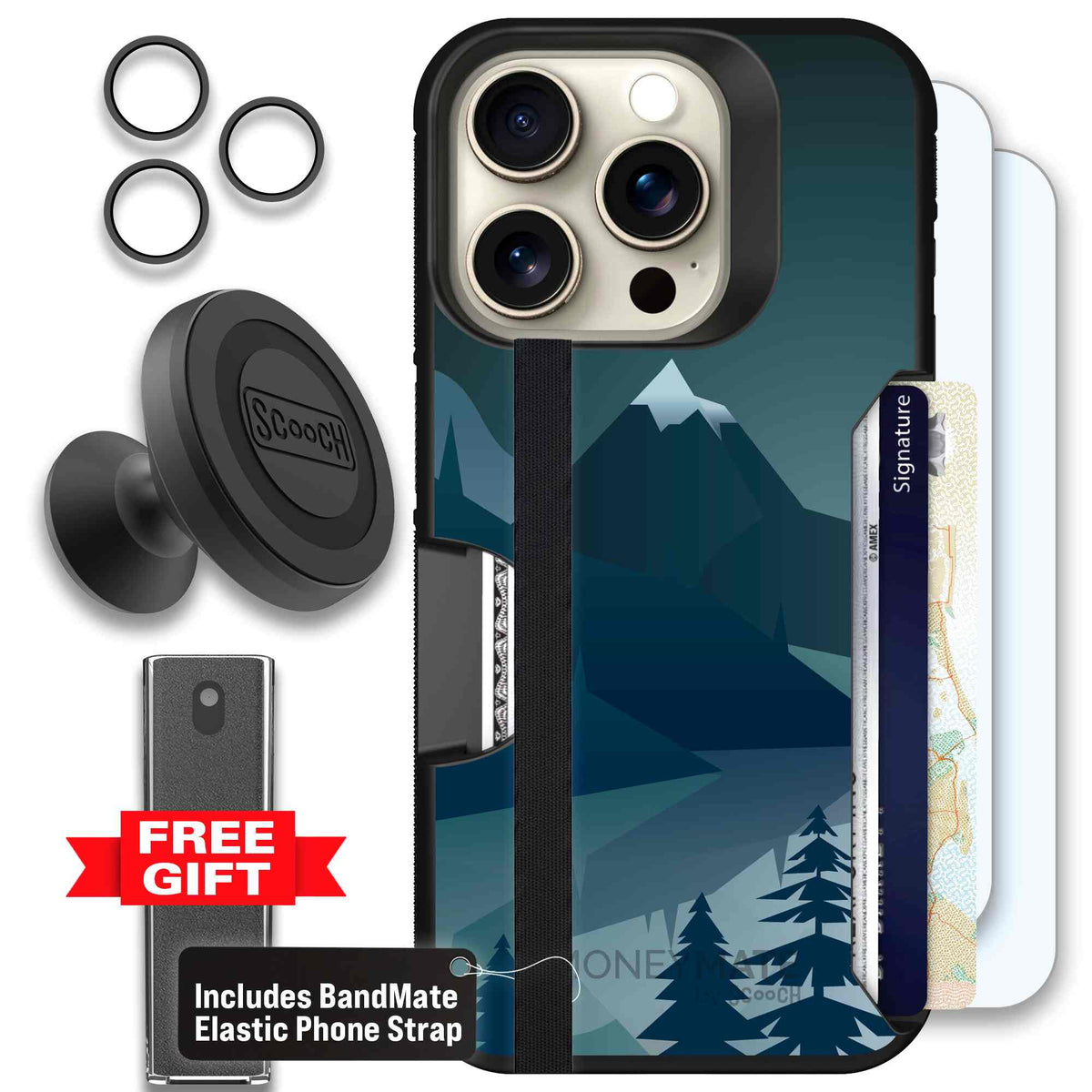 Midnight Ridge layered blue mountains and evergreen trees on a Scooch Moneymate case for iPhone 15 Pro - Defender Bundle