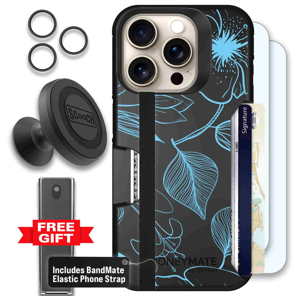Blue Hibiscus cyan-blue tropical flower pattern on a charcoal Scooch Moneymate case for iPhone 15 Pro - Defender Bundle