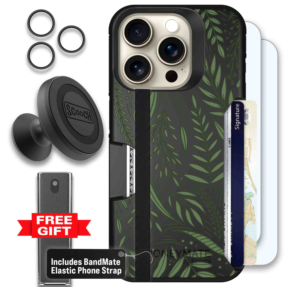 Willow Garden layered green leaves and branches on a charcoal Scooch Moneymate case for iPhone 15 Pro - Defender Bundle
