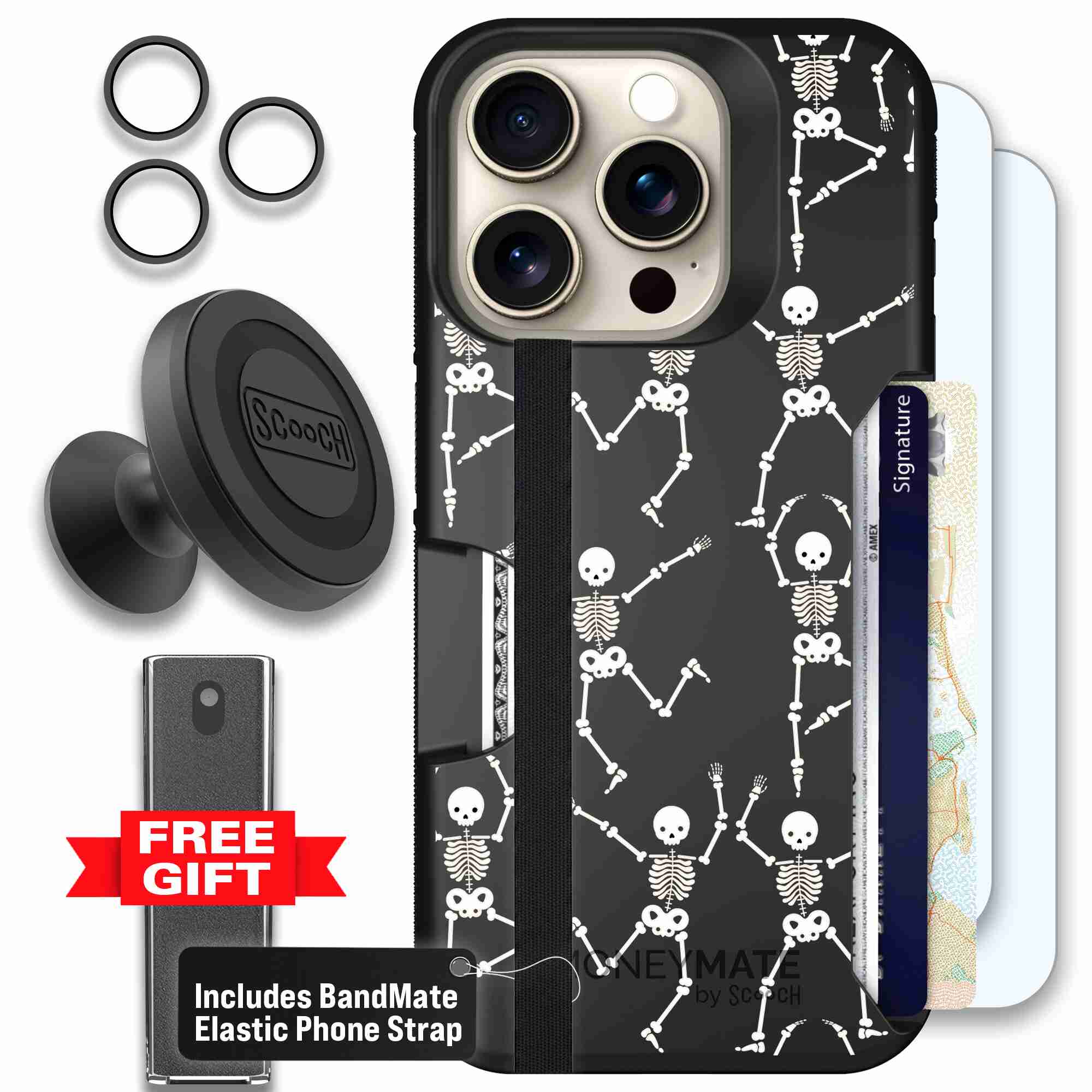 Swinging Skeletons white dancing skeleton pattern on a black Scooch Moneymate case for iPhone 15 Pro - Defender Bundle