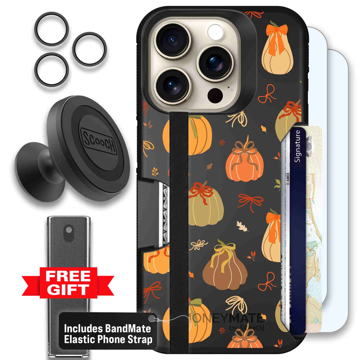 Pretty Pumpkins orange pumpkin and bow pattern on a Scooch Moneymate case for iPhone 15 Pro - Defender Bundle