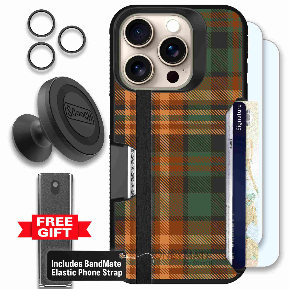 Fall Flannel orange and brown plaid pattern on a Scooch Moneymate case for iPhone 15 Pro - Defender Bundle