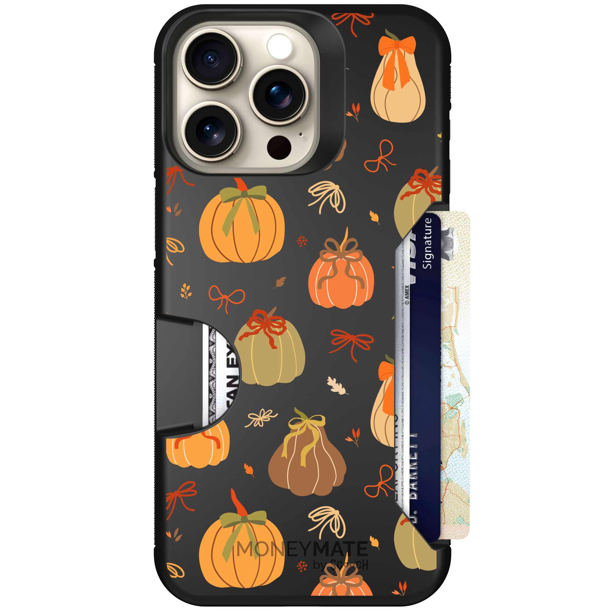 Pretty Pumpkins orange pumpkin and bow pattern on a Scooch Moneymate case for iPhone 15 Pro Max
