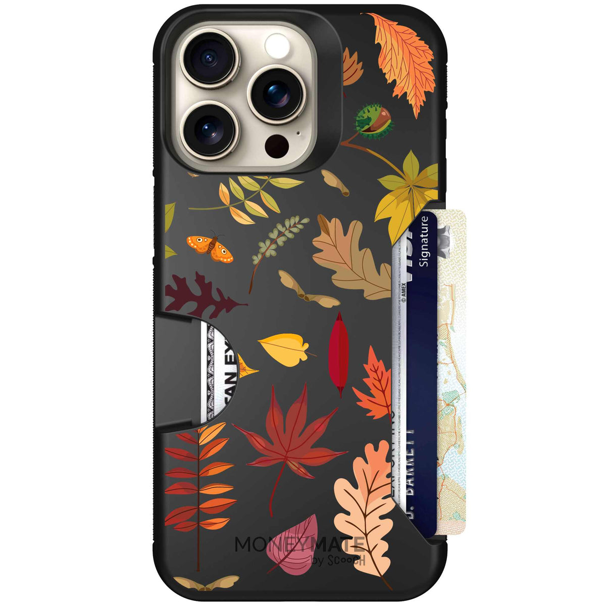 Autumn Leaves multicolored fall foliage pattern on a charcoal Scooch Moneymate case for iPhone 15 Pro Max