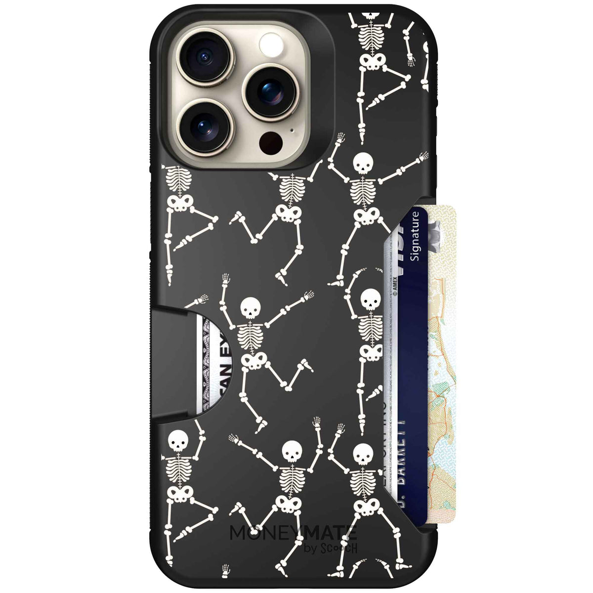 Swinging Skeletons white dancing skeleton pattern on a black Scooch Moneymate case for iPhone 15 Pro Max