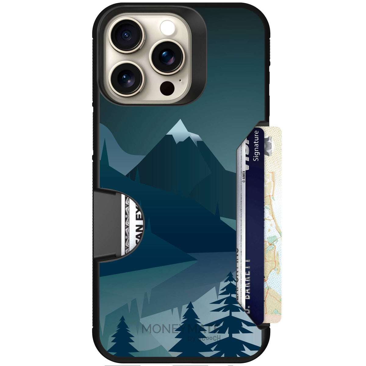 Midnight Ridge layered blue mountains and evergreen trees on a Scooch Moneymate case for iPhone 15 Pro Max