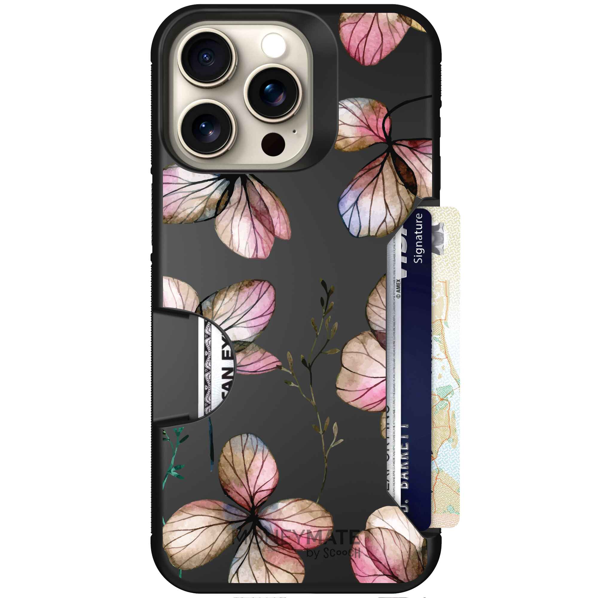 Dried Flowers blush mauve and cream floral pattern on a black Scooch Moneymate case for iPhone 15 Pro Max