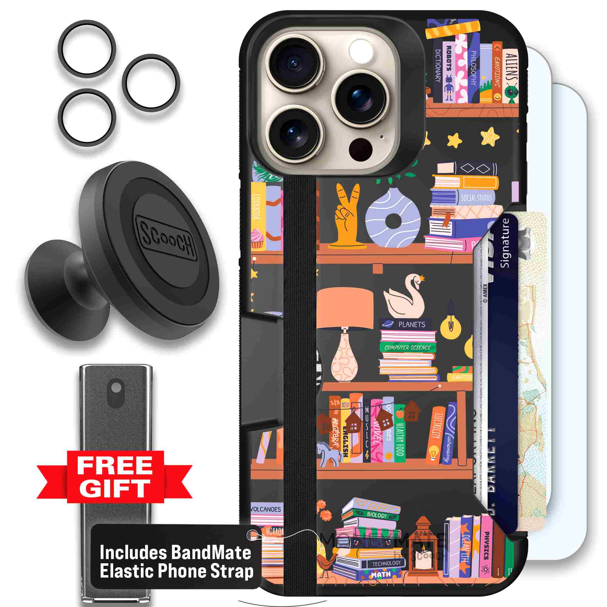 Little Library colorful book and bookshelf pattern on a Scooch Moneymate case for iPhone 15 Pro Max - Defender Bundle