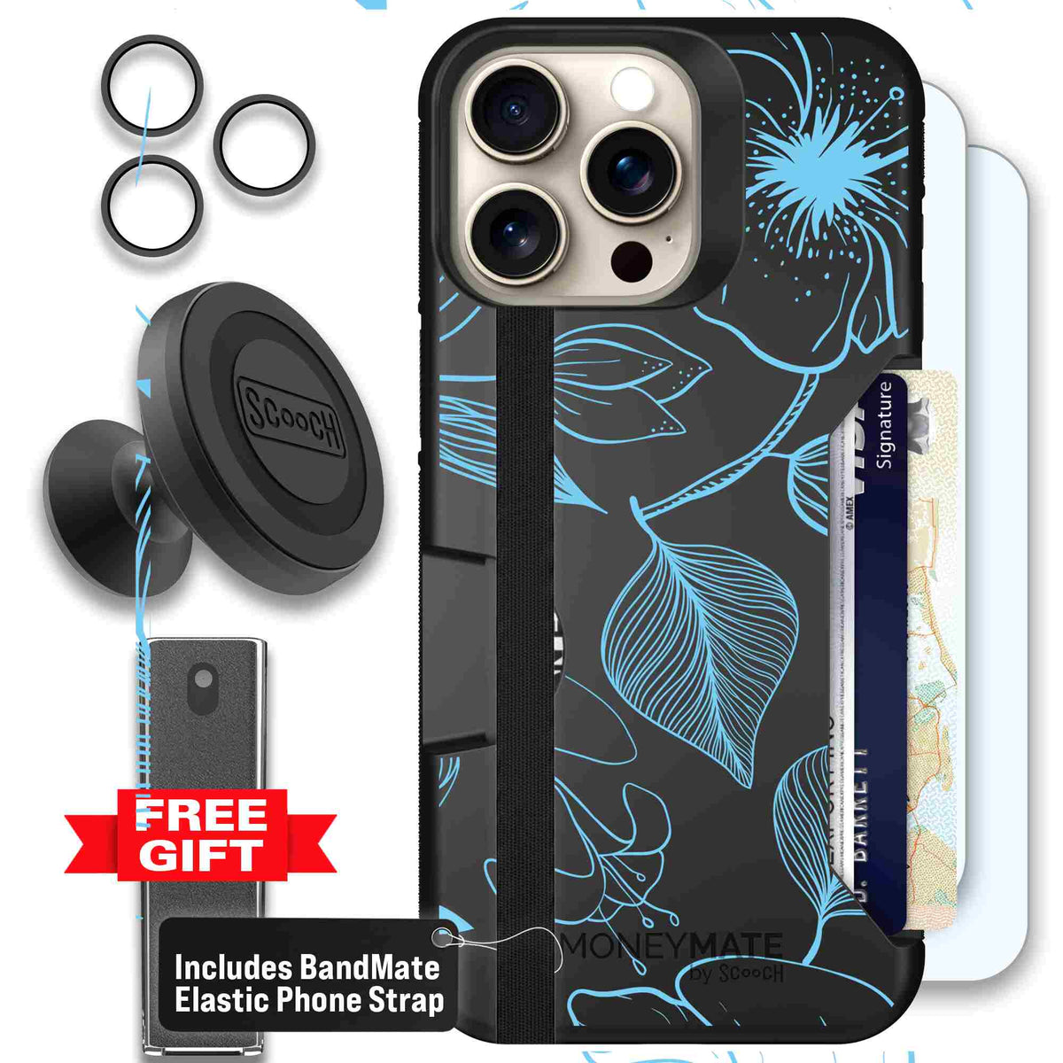 Blue Hibiscus cyan-blue tropical flower pattern on a charcoal Scooch Moneymate case for iPhone 15 Pro Max - Defender Bundle