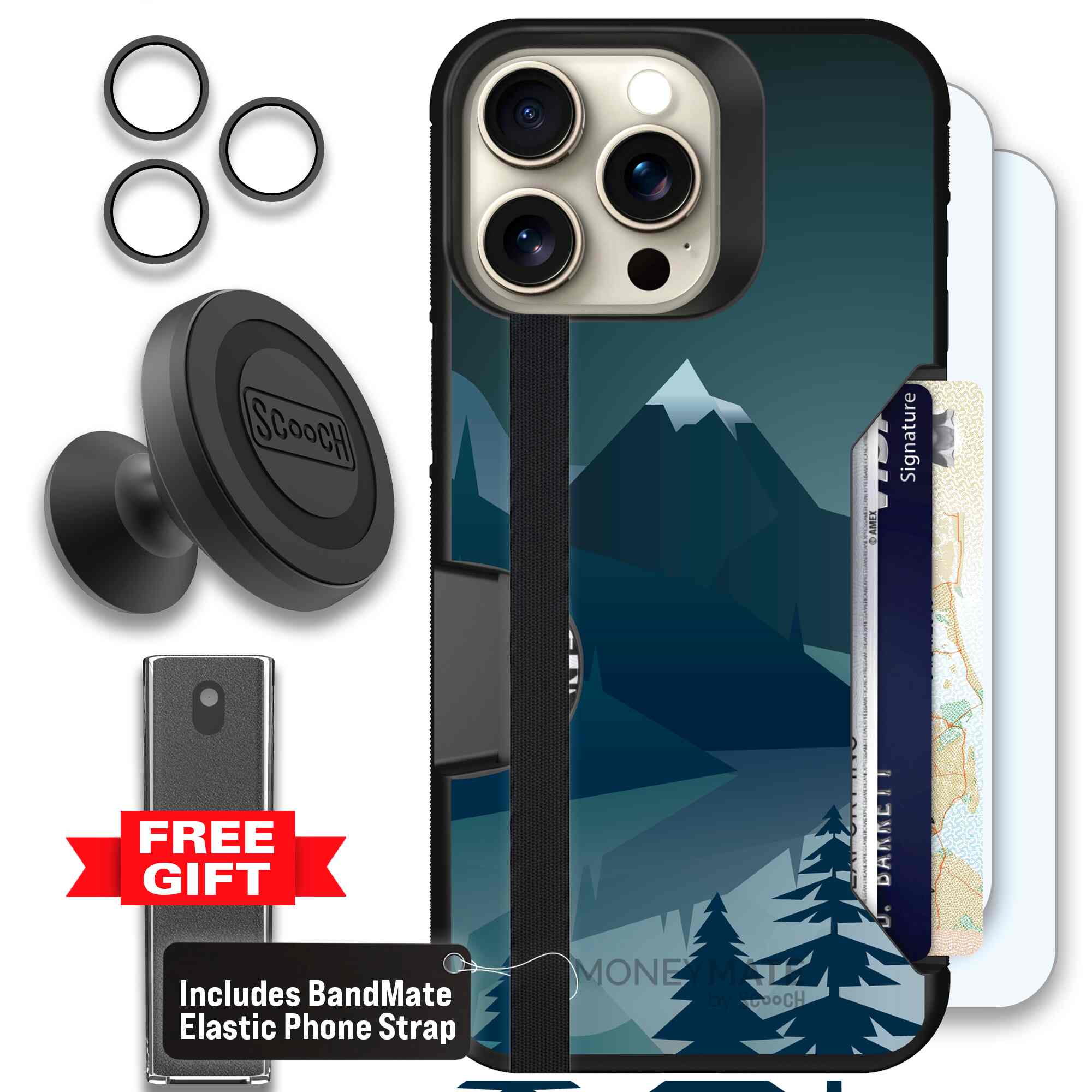Midnight Ridge layered blue mountains and evergreen trees on a Scooch Moneymate case for iPhone 15 Pro Max - Defender Bundle