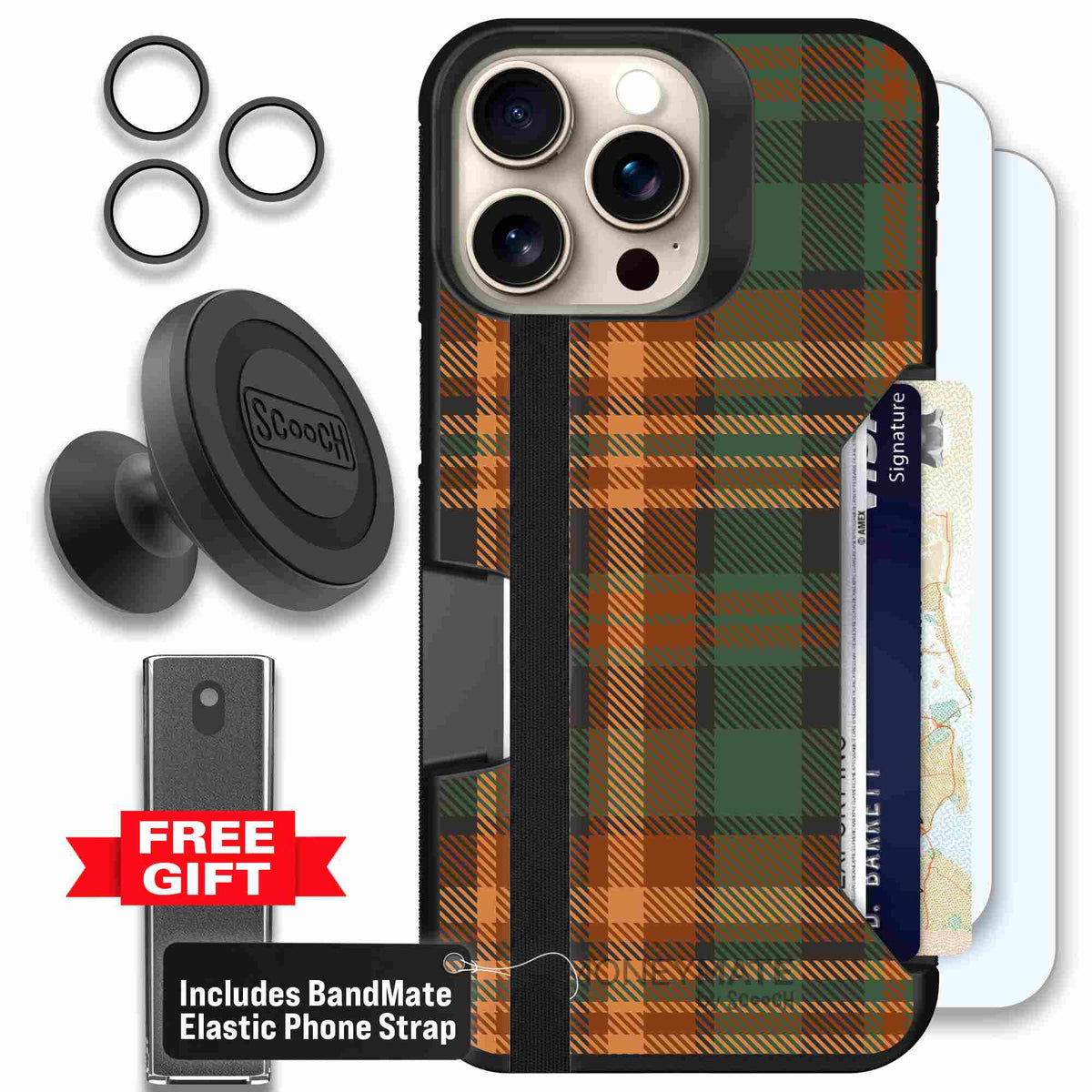 Fall Flannel orange and brown plaid pattern on a Scooch Moneymate case for iPhone 15 Pro Max - Defender Bundle