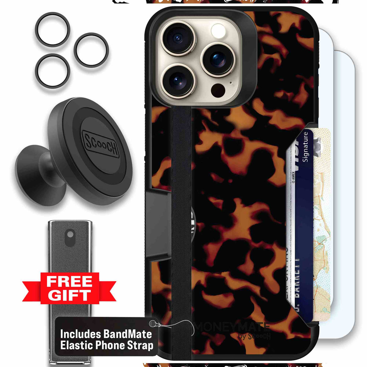 Tortoise Shell amber brown and black mottled pattern on a Scooch Moneymate case for iPhone 15 Pro Max - Defender Bundle
