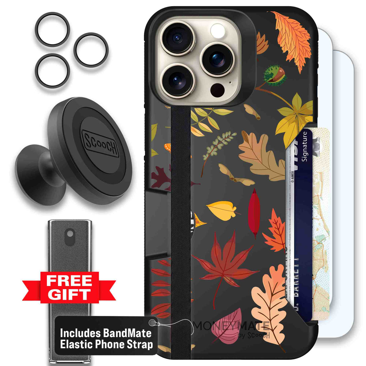 Autumn Leaves multicolored fall foliage pattern on a charcoal Scooch Moneymate case for iPhone 15 Pro Max - Defender Bundle