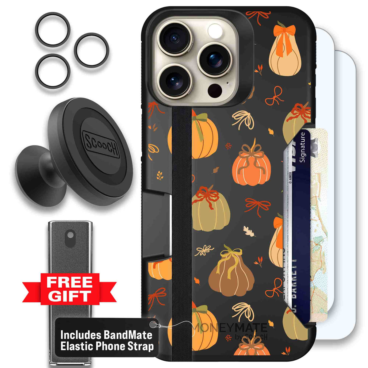 Pretty Pumpkins orange pumpkin and bow pattern on a Scooch Moneymate case for iPhone 15 Pro Max - Defender Bundle