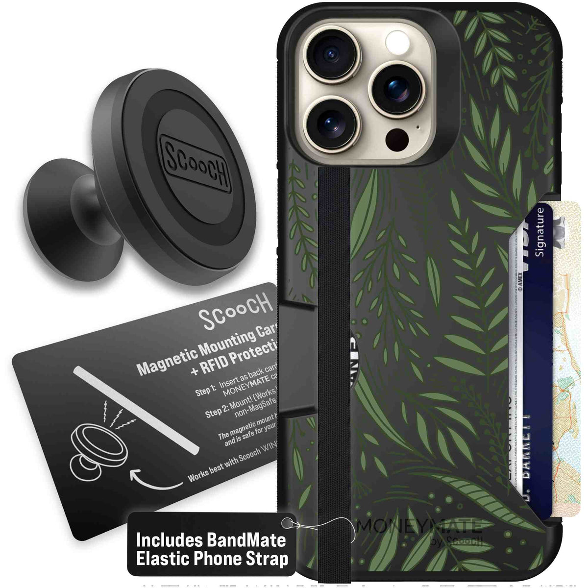 Willow Garden layered green leaves and branches on a charcoal Scooch Moneymate case for iPhone 15 Pro Max - Starter Bundle
