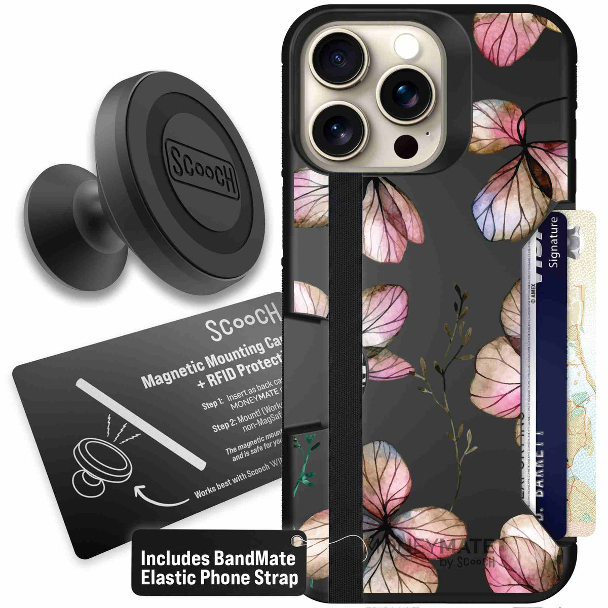 Dried Flowers blush mauve and cream floral pattern on a black Scooch Moneymate case for iPhone 15 Pro Max - Starter Bundle