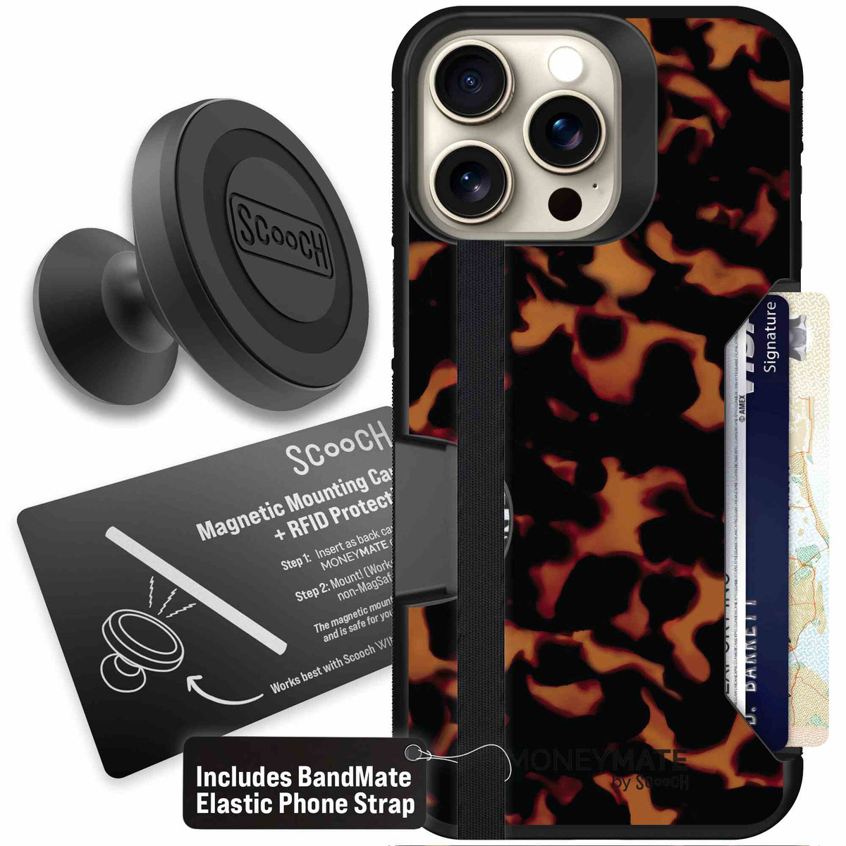 Tortoise Shell amber brown and black mottled pattern on a Scooch Moneymate case for iPhone 15 Pro Max - Starter Bundle