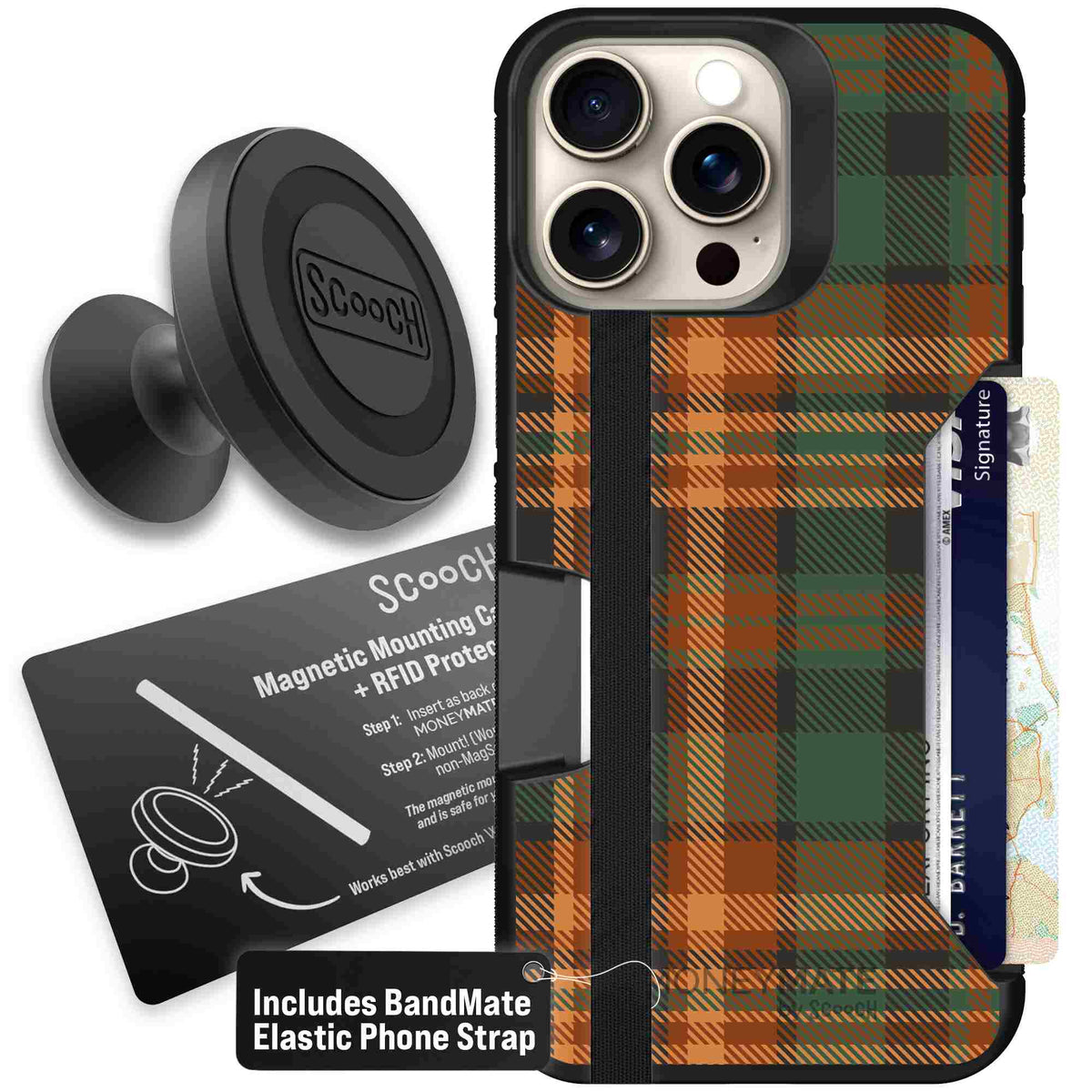 Fall Flannel orange and brown plaid pattern on a Scooch Moneymate case for iPhone 15 Pro Max - Starter Bundle