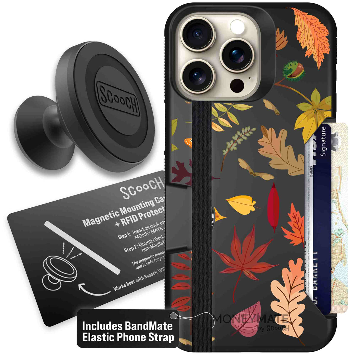Autumn Leaves multicolored fall foliage pattern on a charcoal Scooch Moneymate case for iPhone 15 Pro Max - Starter Bundle