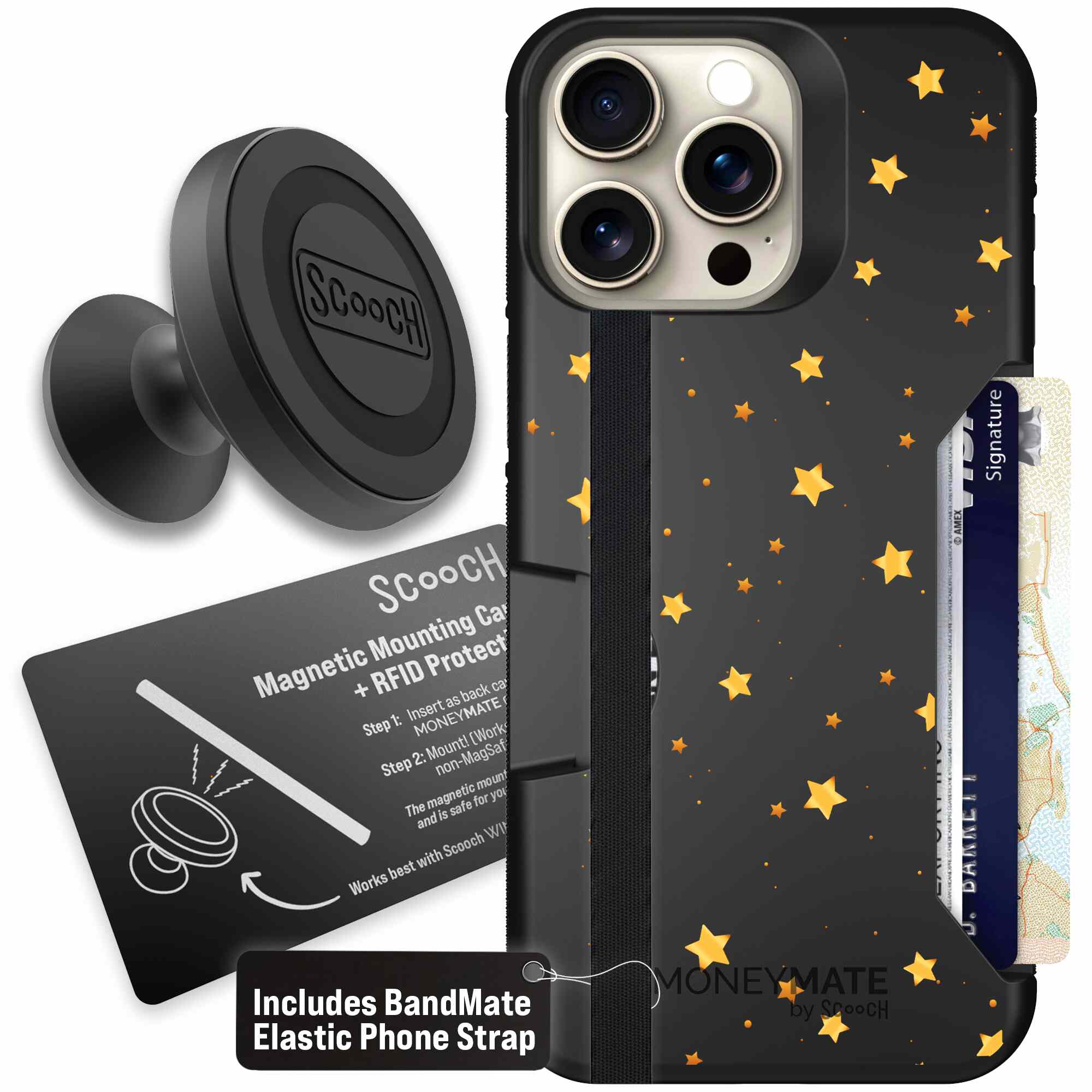 Gold Stars yellow and gold star pattern on a charcoal Scooch Moneymate case for iPhone 15 Pro Max - Starter Bundle