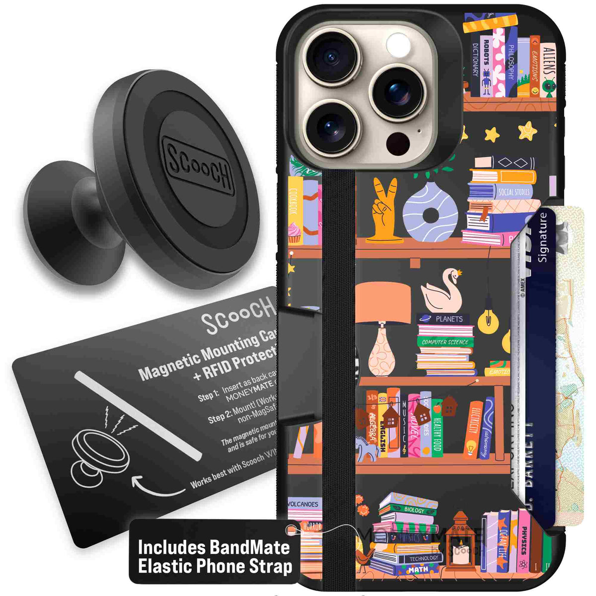 Little Library colorful book and bookshelf pattern on a Scooch Moneymate case for iPhone 15 Pro Max - Starter Bundle