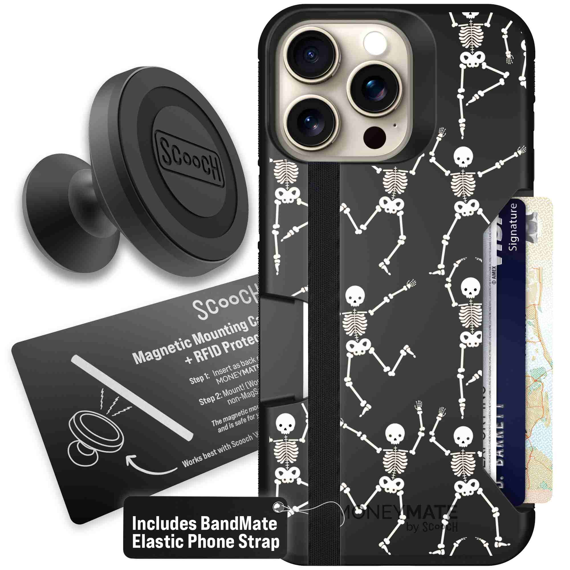 Swinging Skeletons white dancing skeleton pattern on a black Scooch Moneymate case for iPhone 15 Pro Max - Starter Bundle