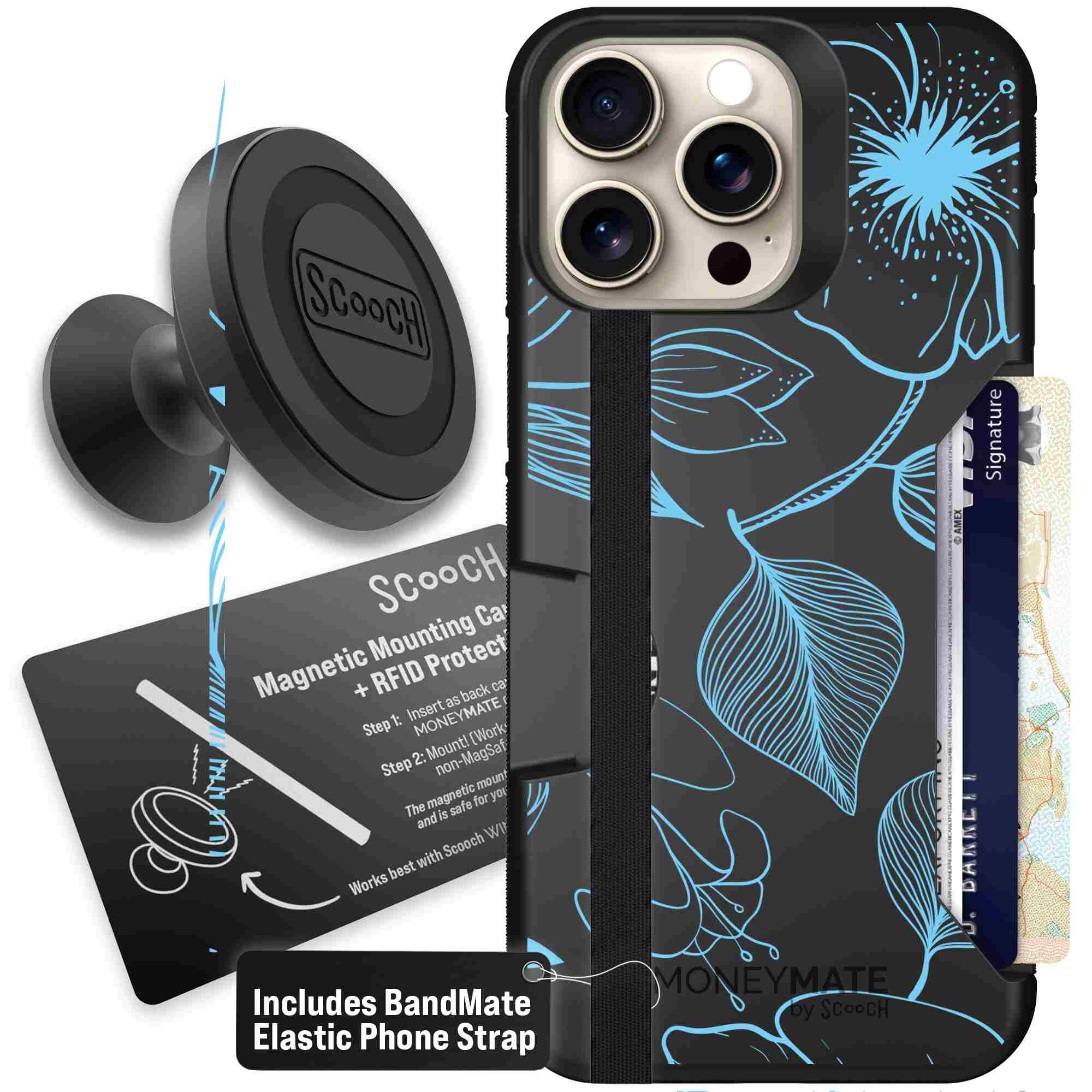 Blue Hibiscus cyan-blue tropical flower pattern on a charcoal Scooch Moneymate case for iPhone 15 Pro Max - Starter Bundle