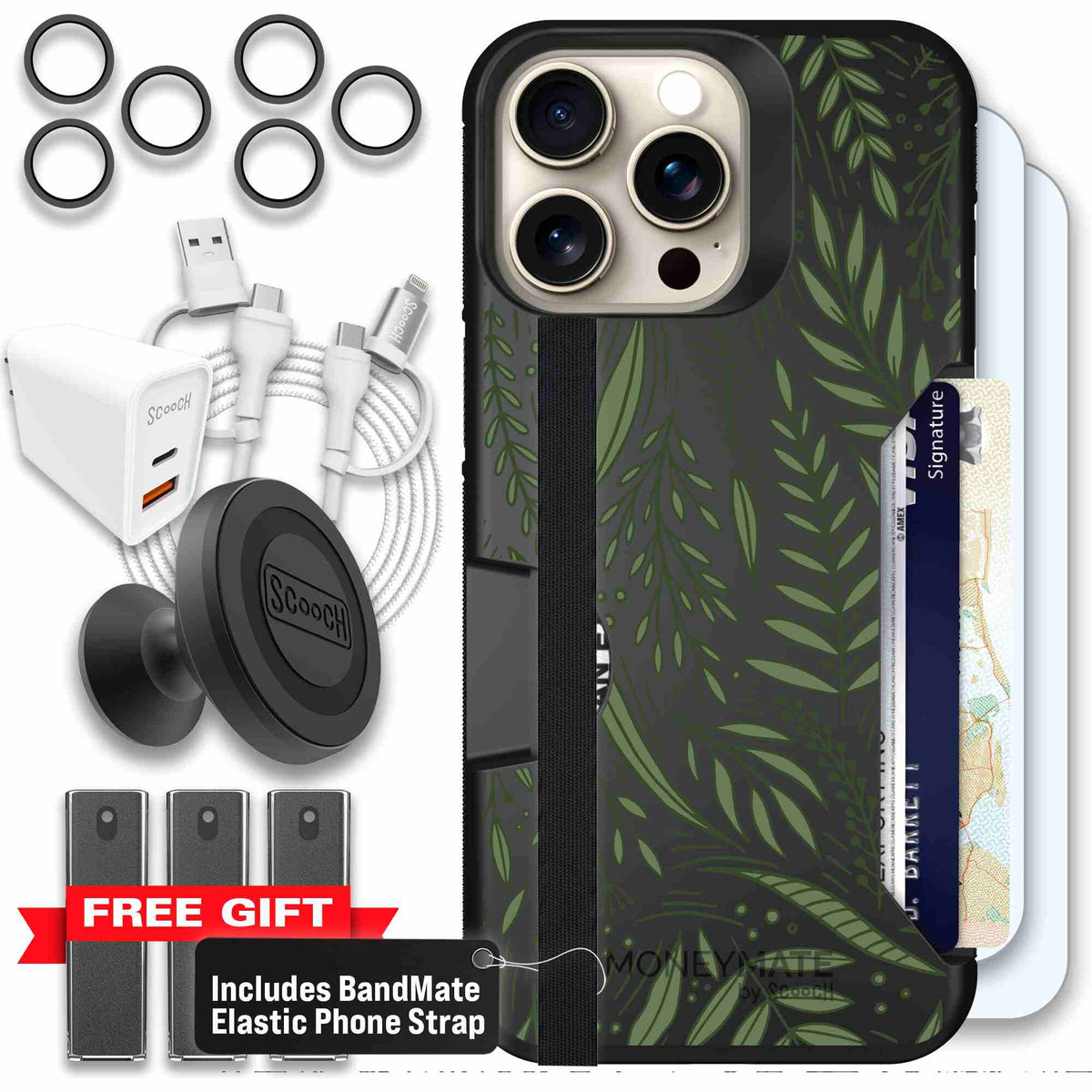 Willow Garden layered green leaves and branches on a charcoal Scooch Moneymate case for iPhone 15 Pro Max - Ultimate Bundle