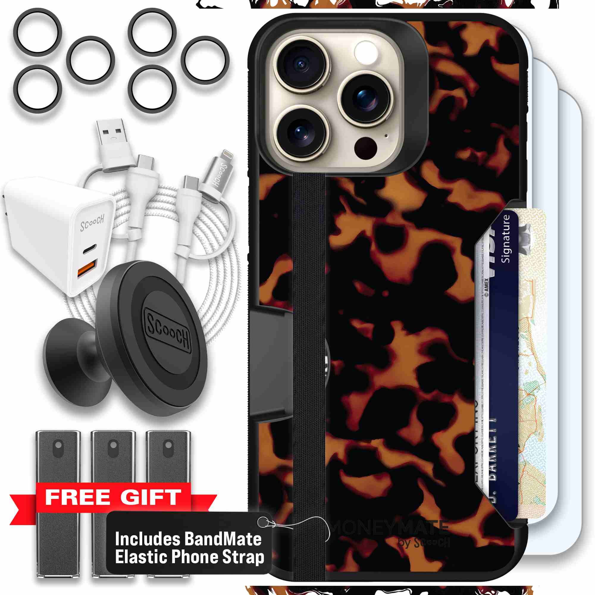 Tortoise Shell amber brown and black mottled pattern on a Scooch Moneymate case for iPhone 15 Pro Max - Ultimate Bundle