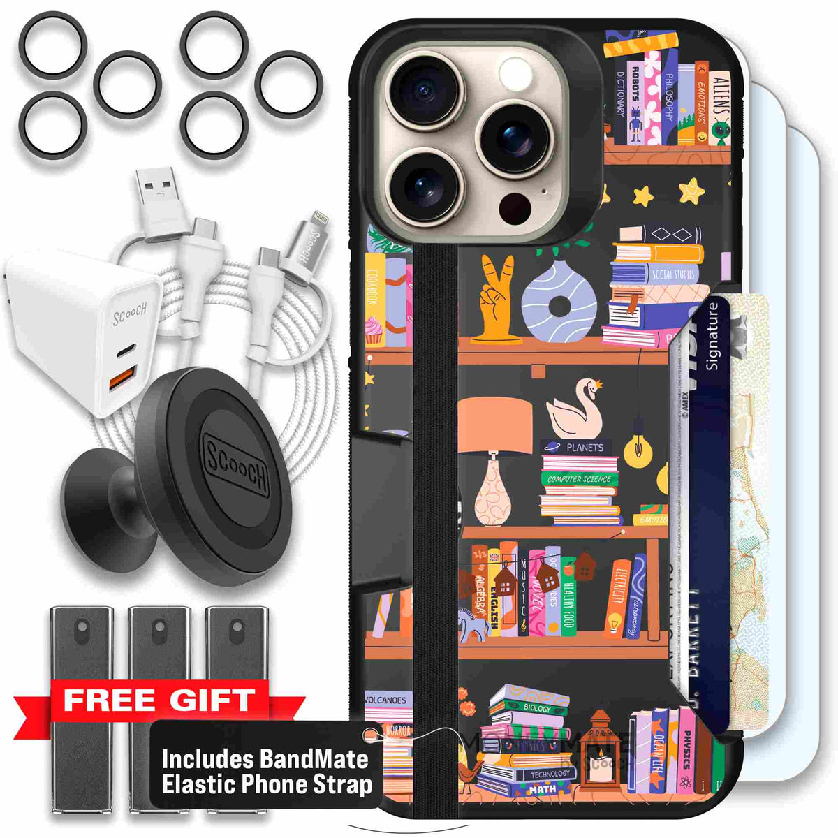 Little Library colorful book and bookshelf pattern on a Scooch Moneymate case for iPhone 15 Pro Max - Ultimate Bundle