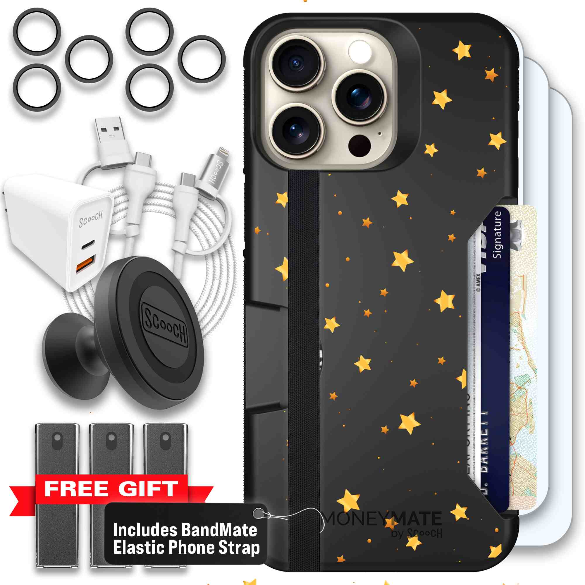 Gold Stars yellow and gold star pattern on a charcoal Scooch Moneymate case for iPhone 15 Pro Max - Ultimate Bundle