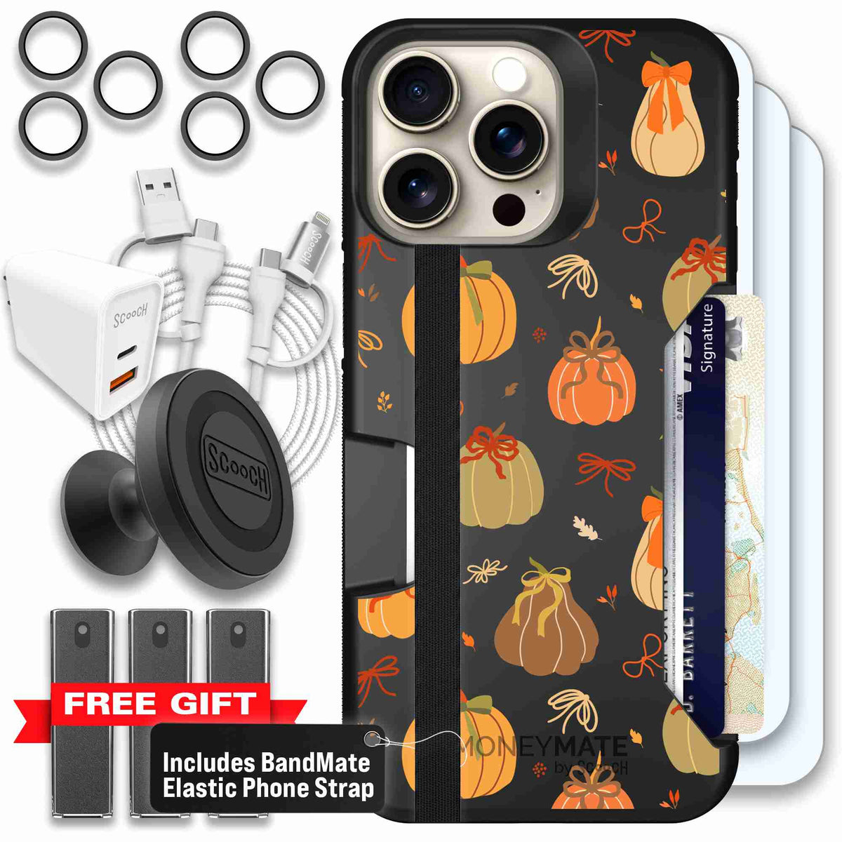 Pretty Pumpkins orange pumpkin and bow pattern on a Scooch Moneymate case for iPhone 15 Pro Max - Ultimate Bundle