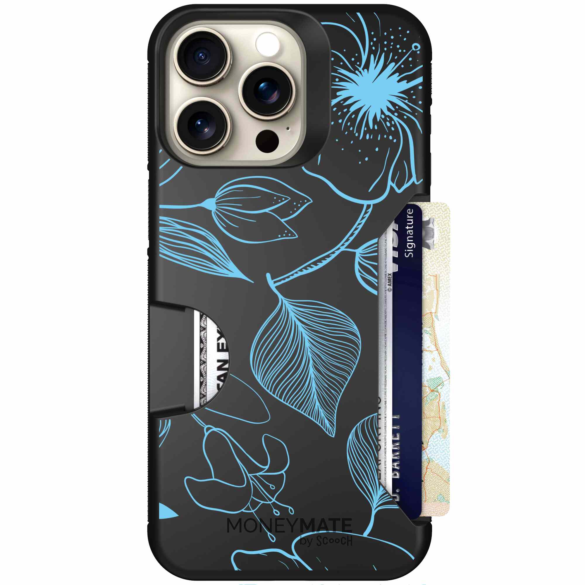 Blue Hibiscus cyan-blue tropical flower pattern on a charcoal Scooch Moneymate case for iPhone 15 Pro Max