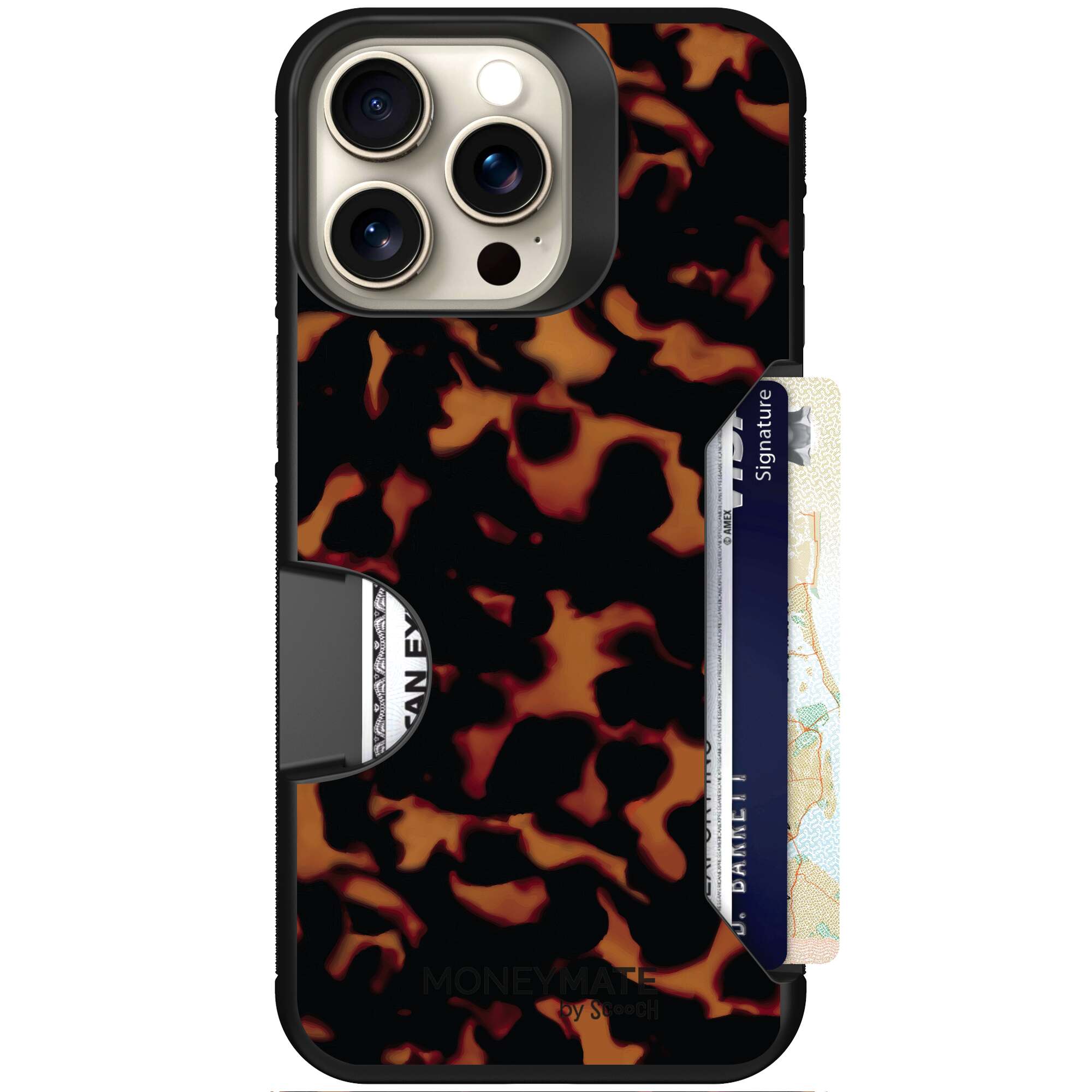Tortoise Shell amber brown and black mottled pattern on a Scooch Moneymate case for iPhone 15 Pro Max