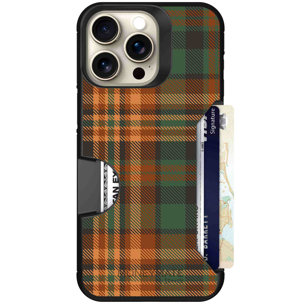 Fall Flannel orange and brown plaid pattern on a Scooch Moneymate case for iPhone 15 Pro Max