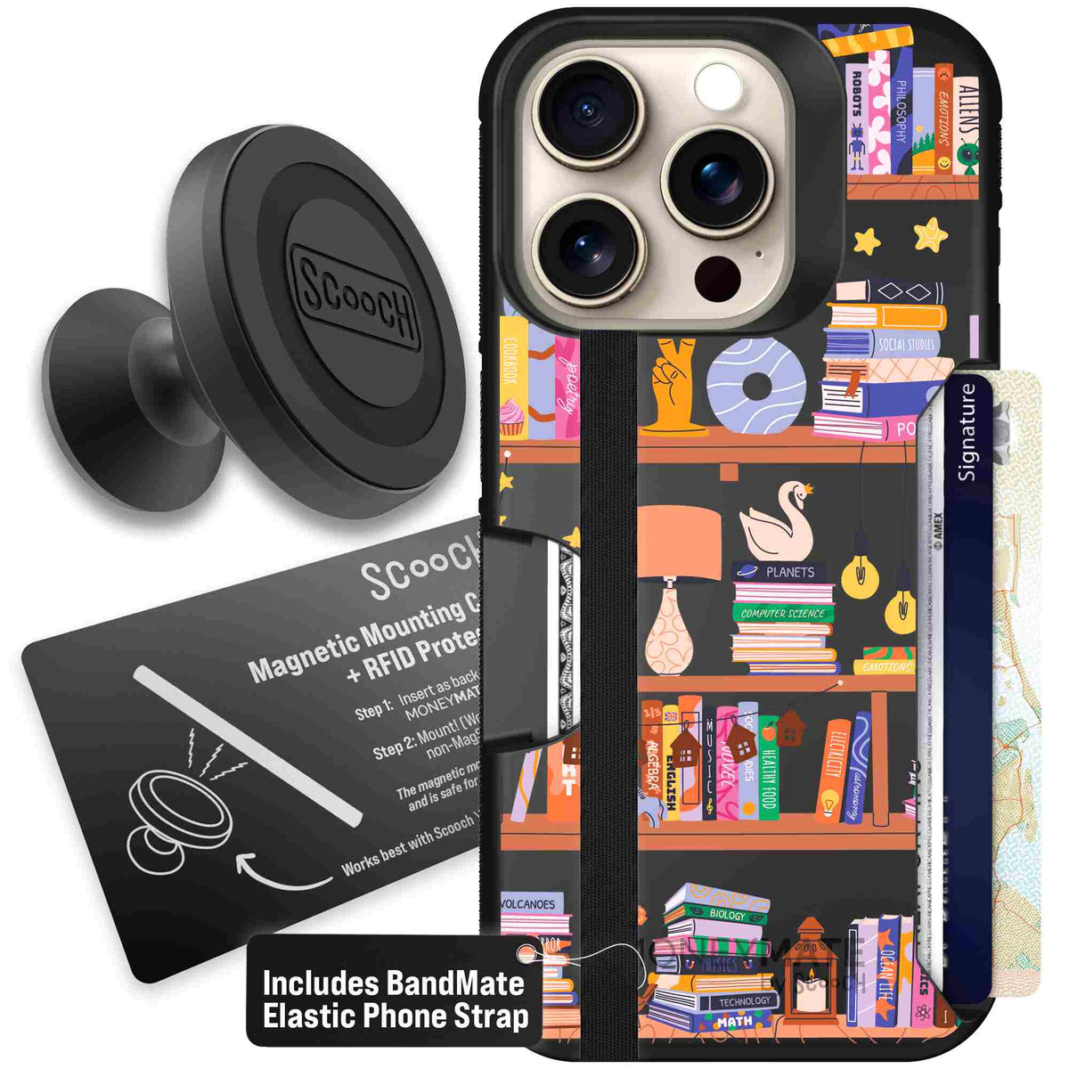 Little Library colorful book and bookshelf pattern on a Scooch Moneymate case for iPhone 15 Pro - Starter Bundle