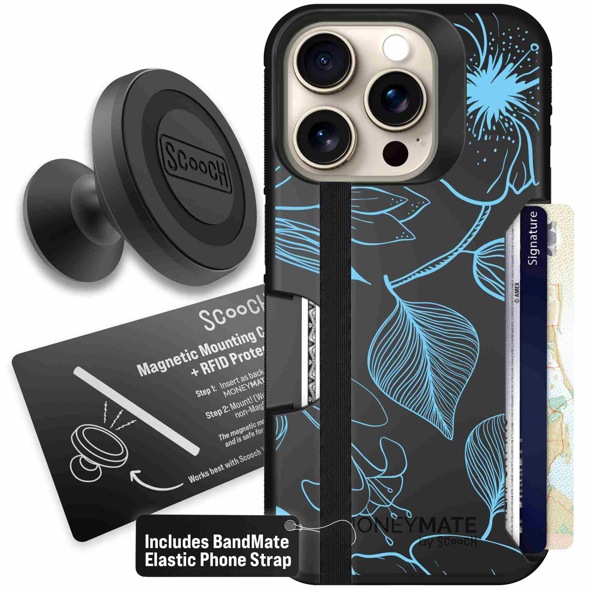 Blue Hibiscus cyan-blue tropical flower pattern on a charcoal Scooch Moneymate case for iPhone 15 Pro - Starter Bundle