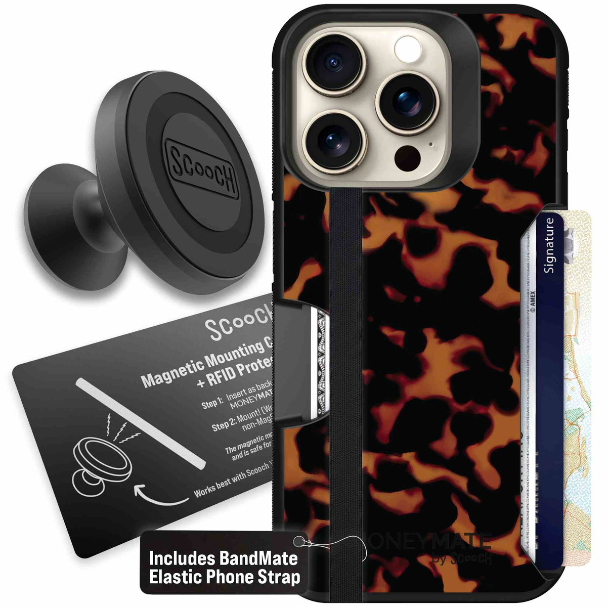 Tortoise Shell amber brown and black mottled pattern on a Scooch Moneymate case for iPhone 15 Pro - Starter Bundle