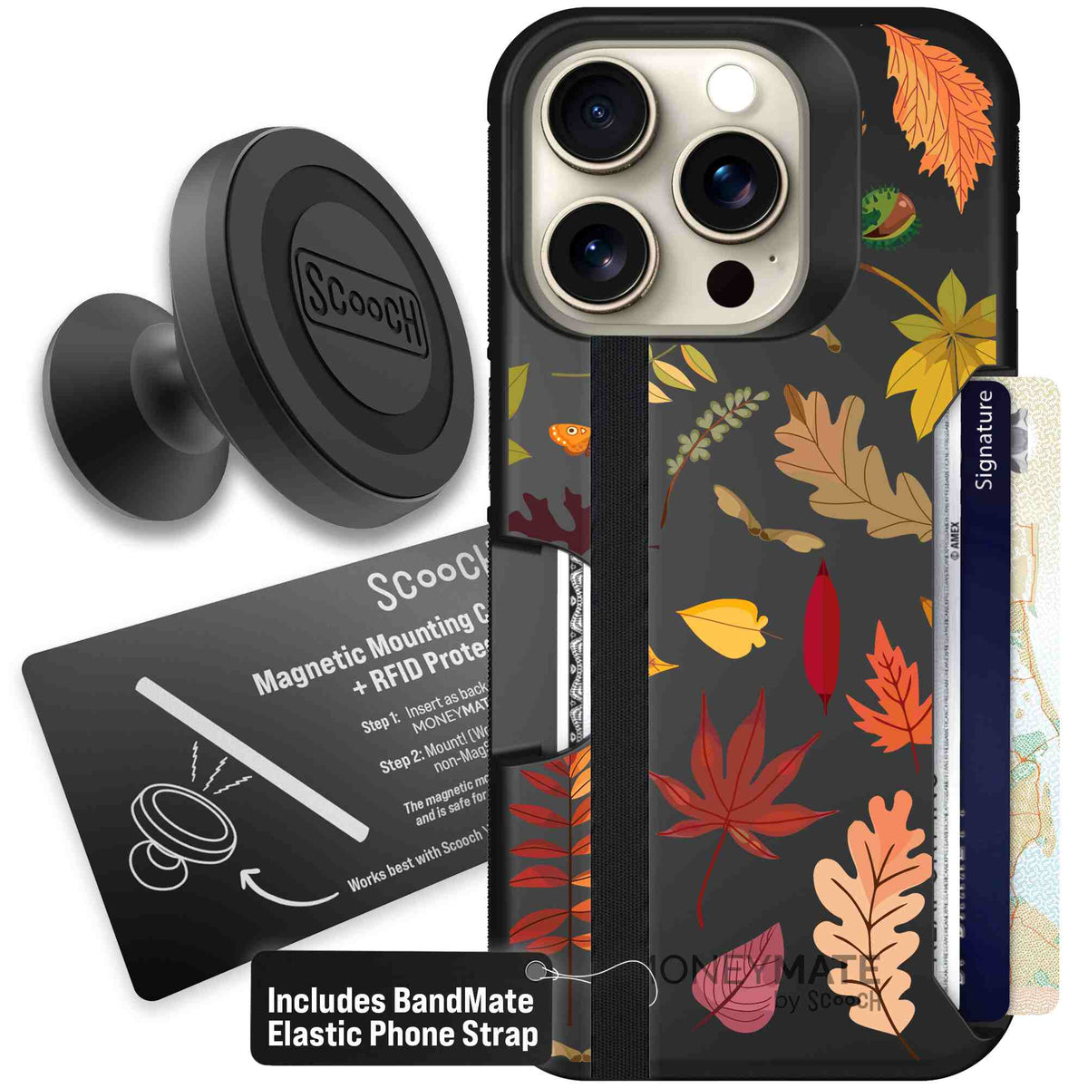 Autumn Leaves multicolored fall foliage pattern on a charcoal Scooch Moneymate case for iPhone 15 Pro - Starter Bundle