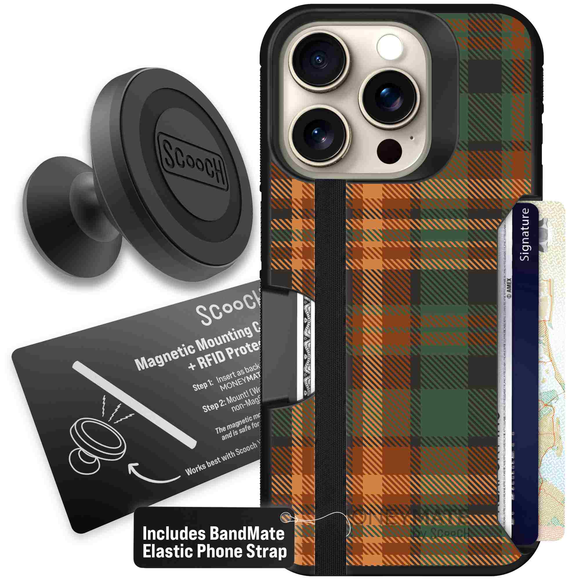 Fall Flannel orange and brown plaid pattern on a Scooch Moneymate case for iPhone 15 Pro - Starter Bundle