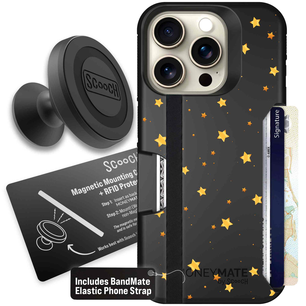 Gold Stars yellow and gold star pattern on a charcoal Scooch Moneymate case for iPhone 15 Pro - Starter Bundle