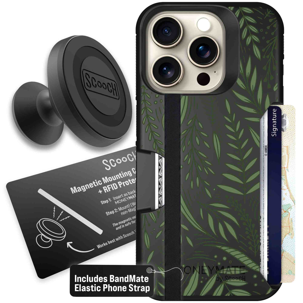 Willow Garden layered green leaves and branches on a charcoal Scooch Moneymate case for iPhone 15 Pro - Starter Bundle