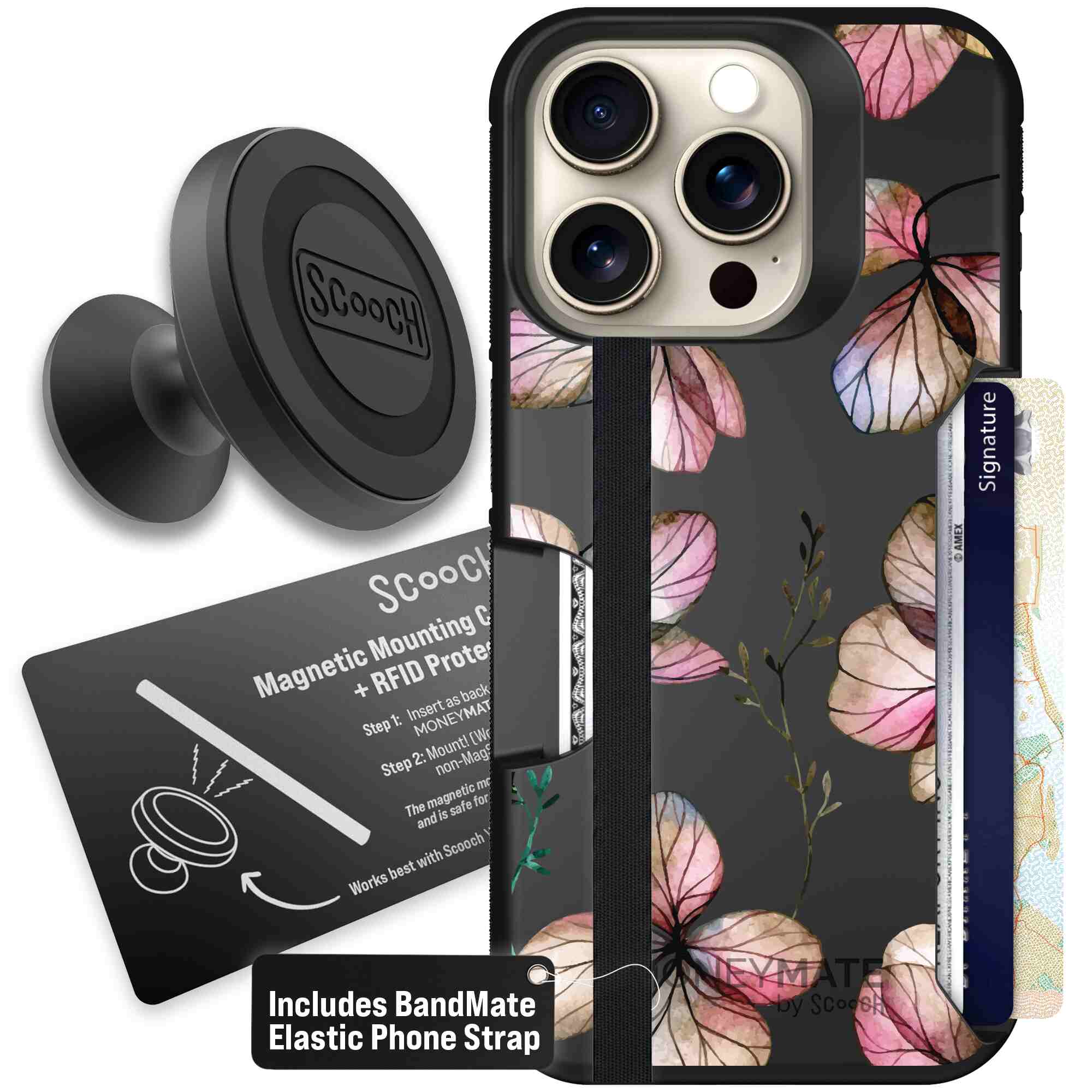 Dried Flowers blush mauve and cream floral pattern on a black Scooch Moneymate case for iPhone 15 Pro - Starter Bundle