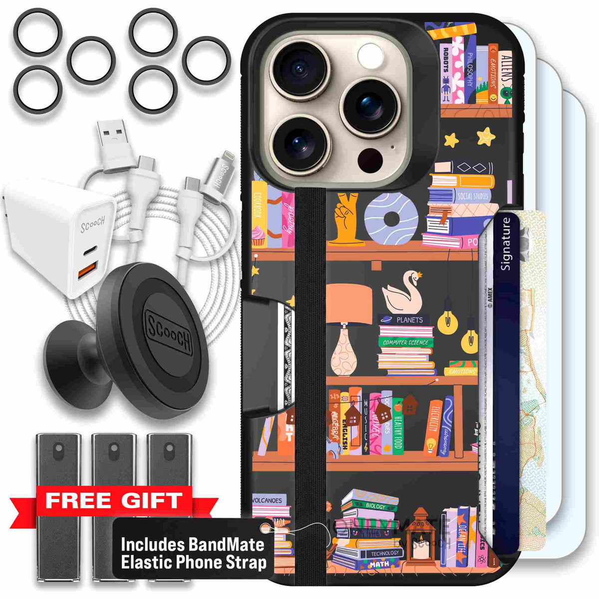 Little Library colorful book and bookshelf pattern on a Scooch Moneymate case for iPhone 15 Pro - Ultimate Bundle